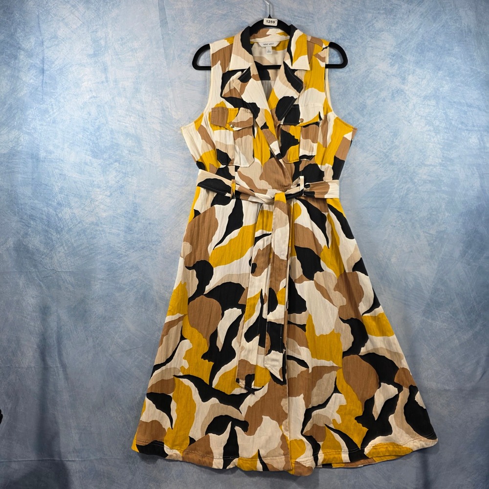 Nine West Womens Sleeveless Abstract Print Utility Midi Dress Yellow Tan Large